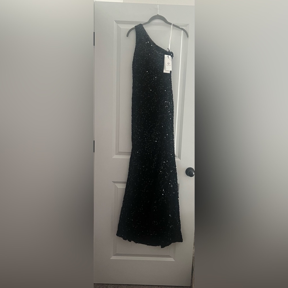 black mermaid glitter one shoulder backless prom dress with sequins - Picture 4 of 4